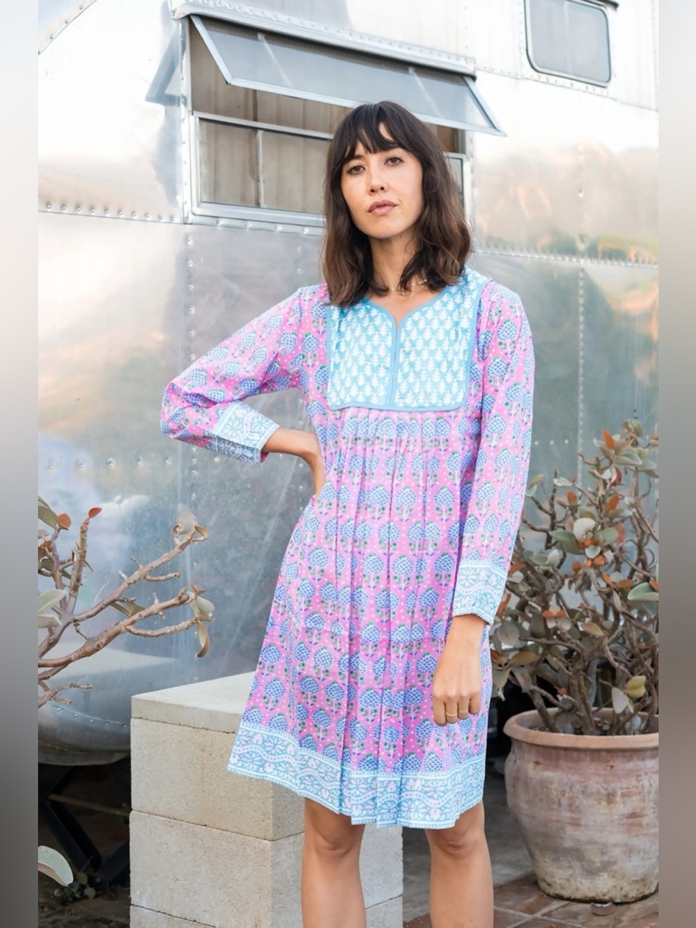 SZ Blockprints Jaipur Dress in Eva Pink Pineapple Print, Size Medium